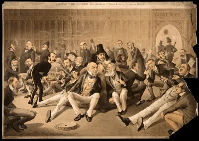 Politicians in the smoking room of the House of Commons; representing the second reading on 24 October of the New Bill for the Representantion of the People of the United Kingdom? Chromolithograph by G