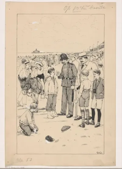 Politieman vermaant een jongen op het strand