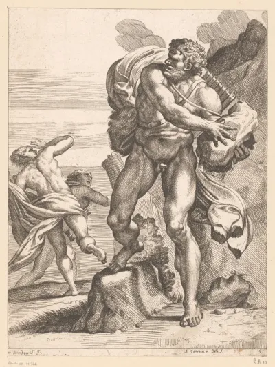 Polyphemus gooit een steen naar de vluchtende Acis en Galathea