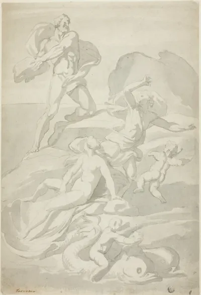 Polyphemus Throwing Boulder at Acis, with Galatea (recto), and Pholyphemus Lifting Boulder (verso)