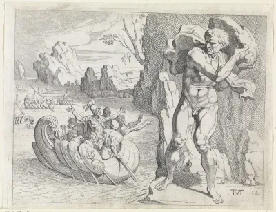 Polyphemus werpt een rots naar het schip van Odysseus