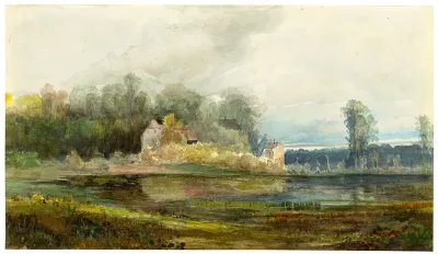 Pond with forest and houses