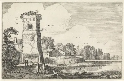 Pont met schapen bij een toren in een rivierlandschap