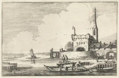 Pont met vee bij een fort in een rivierlandschap