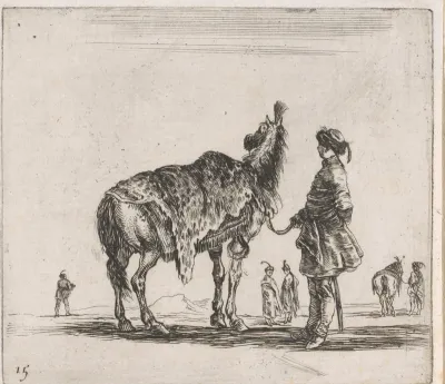 Poolse man naast een paard met luipaardvel over de rug
