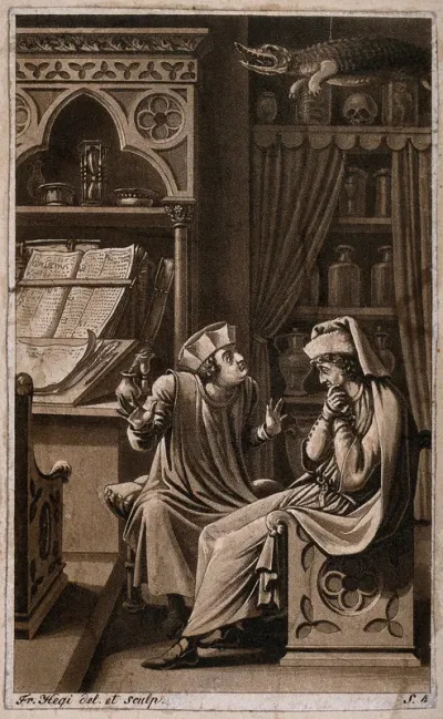 Poor Henry consults a doctor in Salerno about his leprosy: they sit opposite each other in the doctor's study while the doctor explains his remedy