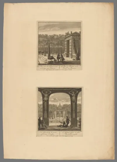 Poort in de tuin van Kasteel Heemstede / Prieel met zicht op de grote vijver, de poort en Kasteel Heemstede