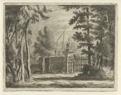 Poort van een buitenplaats met leeuwenbeeld op een kolom
