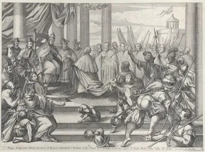 Pope Alexander III presents Doge Ziani with standards and bugles after his defeat of Holy Roman Emperor Frederick I Barbarossa, from "Il gran Teatro di Venezia" (The great theater of Venice)
