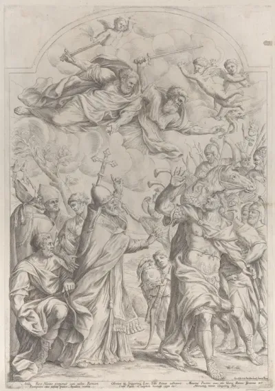 Pope Leo repulses Atilla from the gates of Rome and points to Saints Peter and Paul overhead