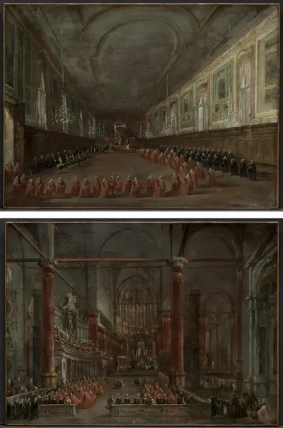 Pope Pius VI Descending the Throne to Take Leave of the Doge in the Hall of Saints Giovanni e Paolo, 1782 and Pontifical Ceremony in Saints Giovanni e Paolo, Venice, 1782 (pair)