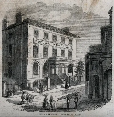 Poplar Hospital for Accidents, East India Dock Road, Blackwall, London: three-quarter view