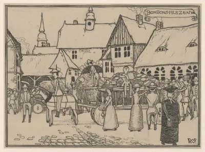 Poppen laden wagens uit op de markt in Bonbonshuizen