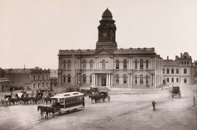 Port Elizabeth, South Africa: town hall and square with horse-drawn tram