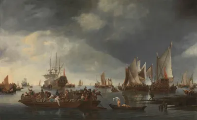 Port with sailships and a ferry
