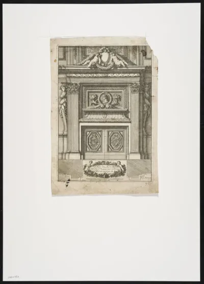 Portal decorated with corinthian columns, caryatids, cornices and putti