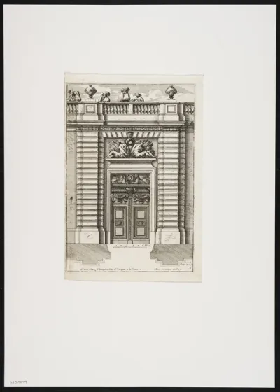 Portal decorated with masks, sphinxes, human figures and a balustrade