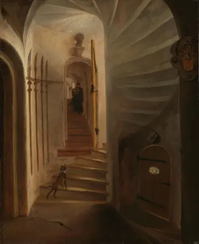 Portal of a stairway tower, with a man descending the stairs: presumably the moment before the assassination of William the Silent in the Ptinsenhof, Delft
