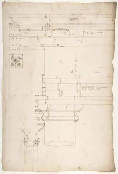 Portico at the Porta Carmentalis, Tuscan capital and entablature, elevation; pier, section, detail (recto) S. Prassede, Quadriportico, Doric capital, elevation; Palazzo Massimo alle Colonne, column shaft, profile (verso)
