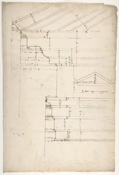 Portico Octavia, pediment and entablature, elevation; pediment, elevation (recto)  Temple of Antoninus and Faustina,  entablature, elevation (verso)