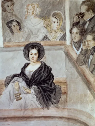 Portrait d'Alphonsine dite Marie Duplessis (la Dame aux Camélias), assise au balcon d'un théâtre