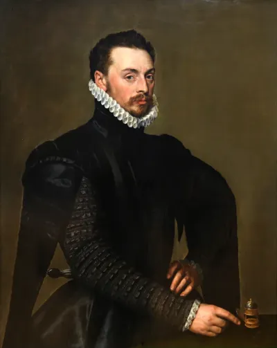 Portrait d'homme désignant une pendule de table
