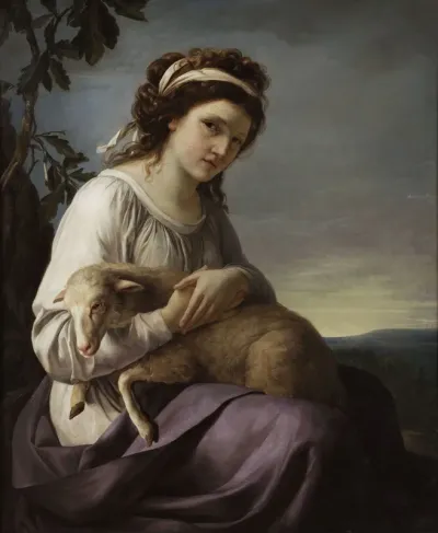 Portrait d'une jeune femme tenant un agneau