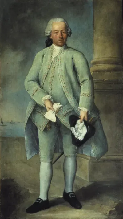 Portrait of a gentleman holding a tricorn hat and gloves