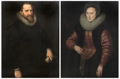 Portrait of a gentleman in a black costume with white ruff holding a pair of gloves