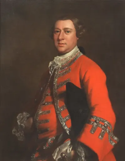 Portrait of a gentleman in a red coat and a tricorn hat under his arm