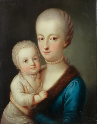 Portrait of a lady in a blue dress and fur mantle, holding her child