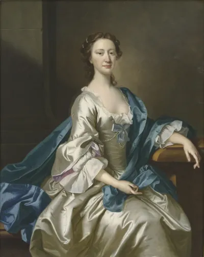 Portrait of a lady, seated by a table in a oyster satin gown and blue mantle