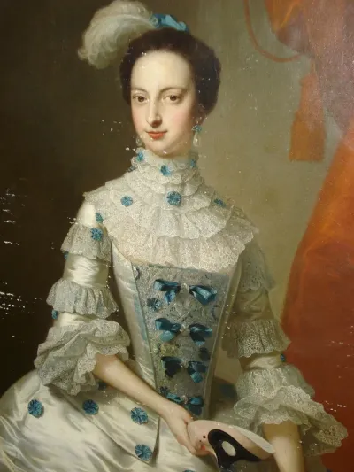 Portrait of a lady, wearing a white silk dress decorated with blue ribbons and holding a mask