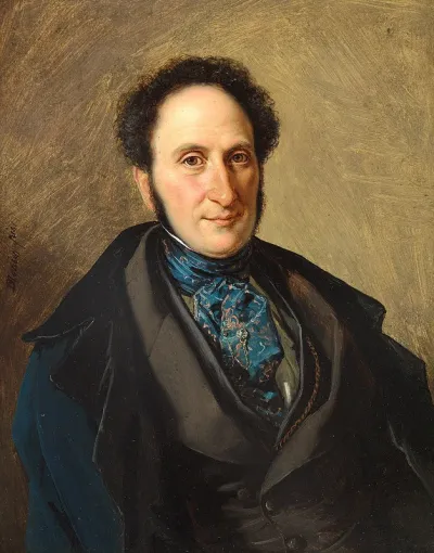 Portrait of a man in a black suit, a blue silk scarf and a blue coat.