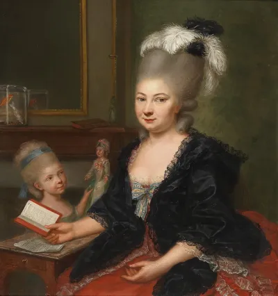 Portrait of a mother and her child reading Rousseau’s “Emile” in an elegant interior