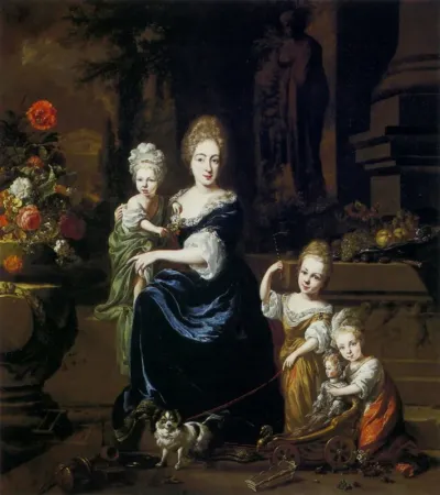 Portrait of a mother with children on the terrace.