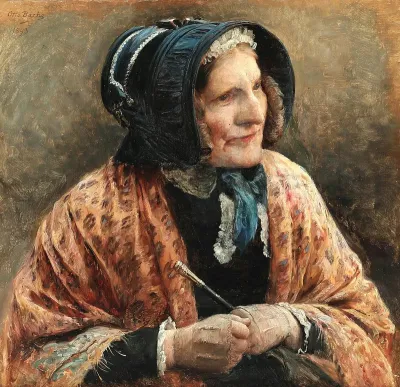 Portrait of a woman in a blue bonnet holding an umbrella.