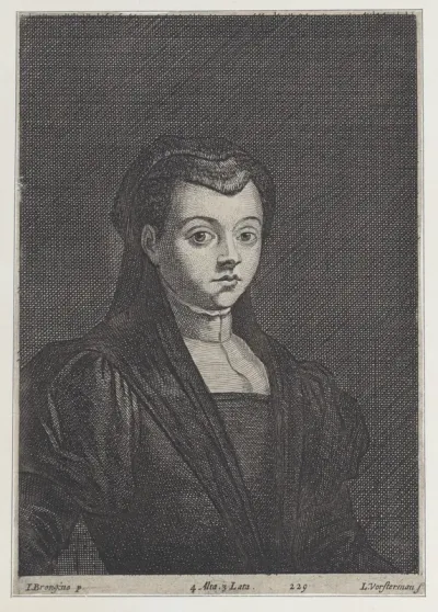 Portrait of a woman in black, with her hair covered by a headdress and a dark veil