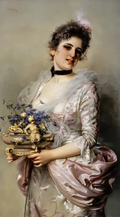 Portrait of a woman with a vase of flowers in her hand
