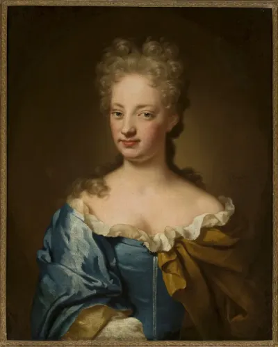 Portrait of a young lady in blue dress.
