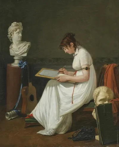 Portrait of a young woman drawing the head of Apollo