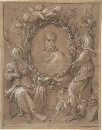 Portrait of an Ecclesiastic Flanked by a Female Saint and Athena