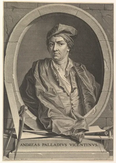 Portrait of Andrea Palladio in half-length within an oval frame; a compass, carpenter's square, and plumb line rest on the plinth below the oval, from an unidentified edition of "Architecture de Palladio", revised by Giacomo Leoni and translated by N