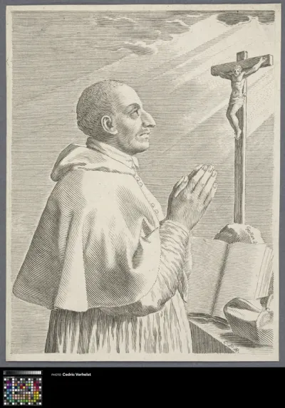 Portrait of Carolo Borromeo praying before a crucifix