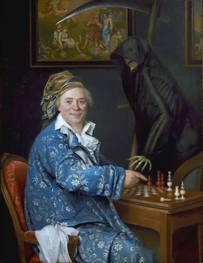 Portrait of Dr. C. playing chess with Death