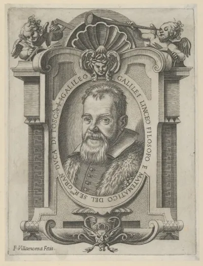 Portrait of Galileo Galilei set within an elaborate cartouche