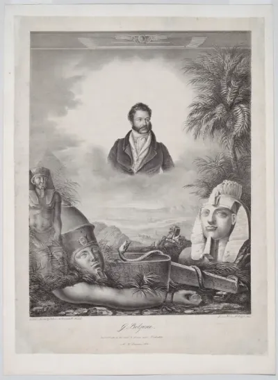 Portrait of Giovanni Baptista Belzoni, half-length, an Egyptian landscape below with pyramids and temples and statues including the head and arm of Amenhotep III
