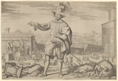 Portrait of Ioannes Altus (Johann Alten), of the Swiss Guard, standing by the Quirinal and pointing out the antiquities of Rome