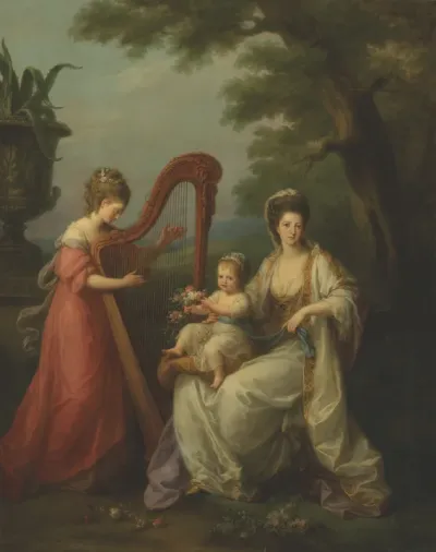 Portrait of Lady Elizabeth Smith-Stanley, Countess of Derby, with her infant son Edward, later 13th Earl of Derby, and her half-sister, Lady Augusta Campbell, playing the harp
