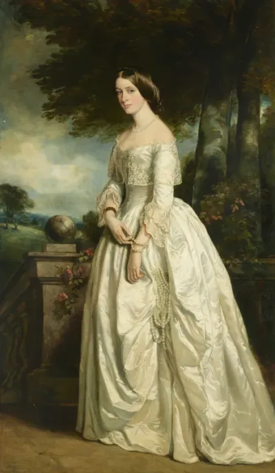 Portrait of Louisa Madeleine Keith-Falconer, née Hawkins (1828-1916), Countess of Kintore, full-length, in a white dress
